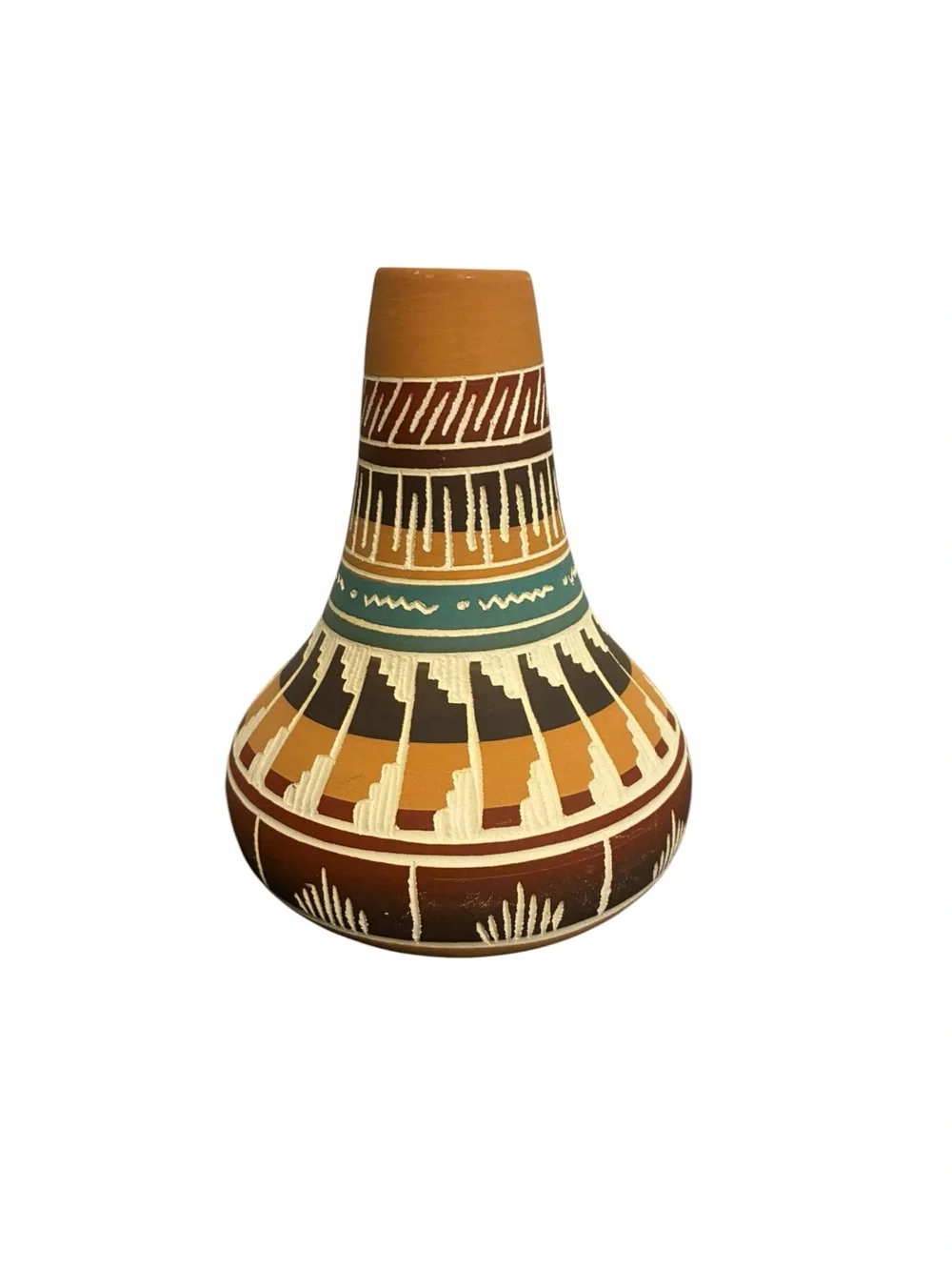 T Williams Navajo Hand Painted Etched Pottery Vase Southwestern Geometric Art
